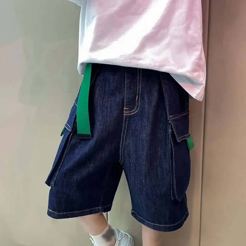 3-12Y Boys Denim Shorts Summer Thin New Kids Solid Color Fashion Pants Children Elastic Pure Cotton Casual Five Quarter Shorts