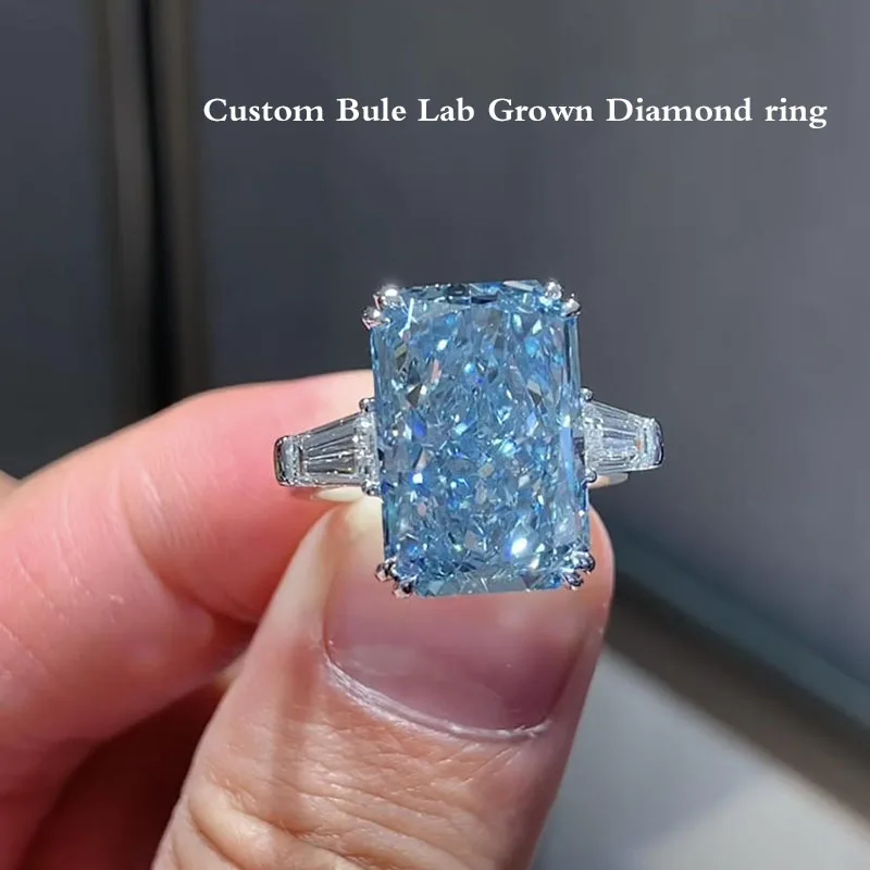 Custom Lab Grown Blue Diamond Engagement Ring 5 Carat Radiant Cut Bule VS Diamond IGI 14K/10K Gold