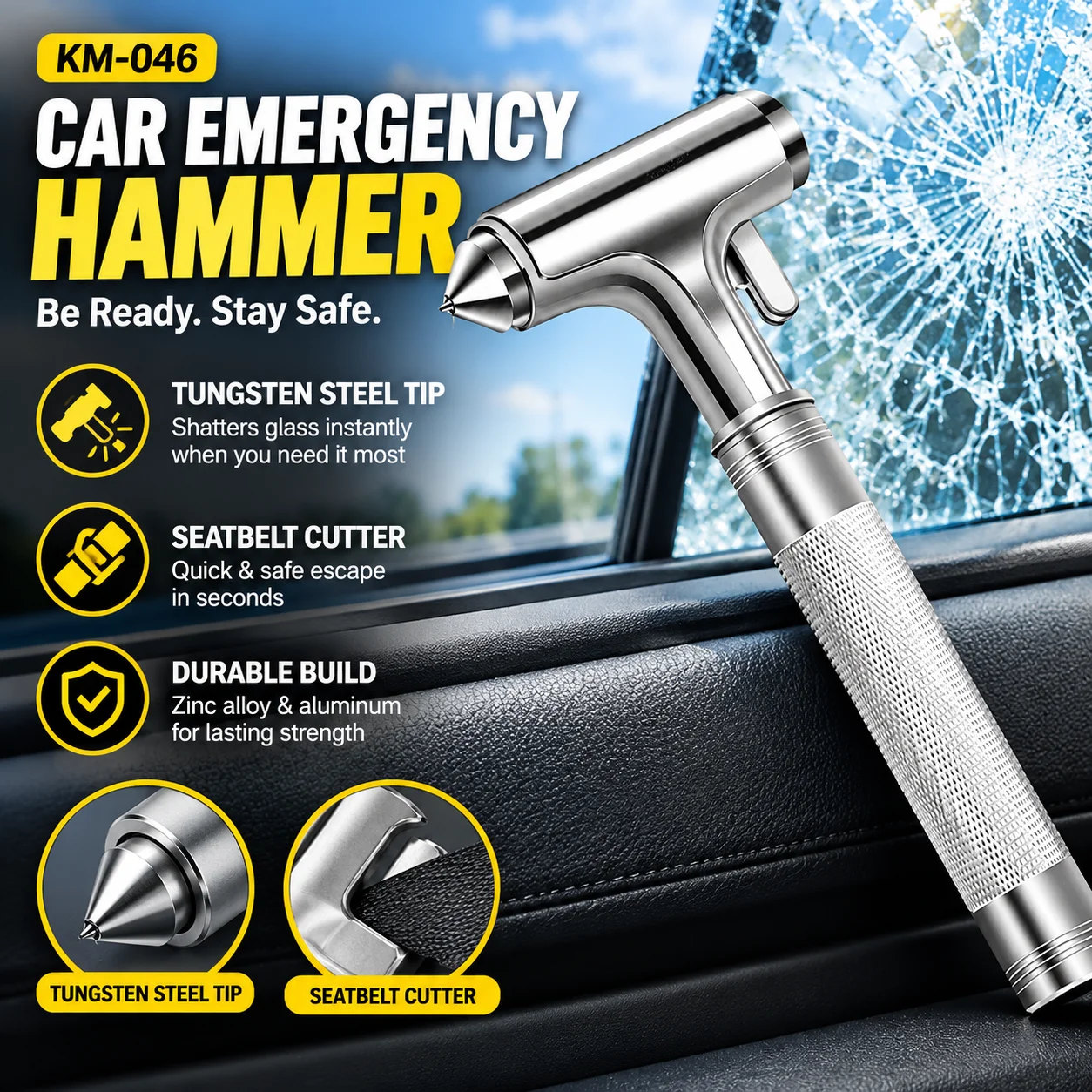 Universal KM-046 Car Emergency Hammer with Tungsten Steel Tip and Seatbelt Cutter, Zinc Alloy Aluminum Safety Escape Tool