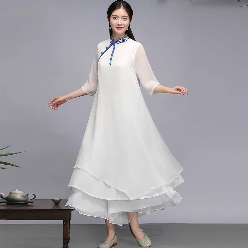 Women Hanfu Qipao Two Pieces set Chinese Style Vintage White ethnic Traditional Clothing Tang Suit Robe Oriental Clothes