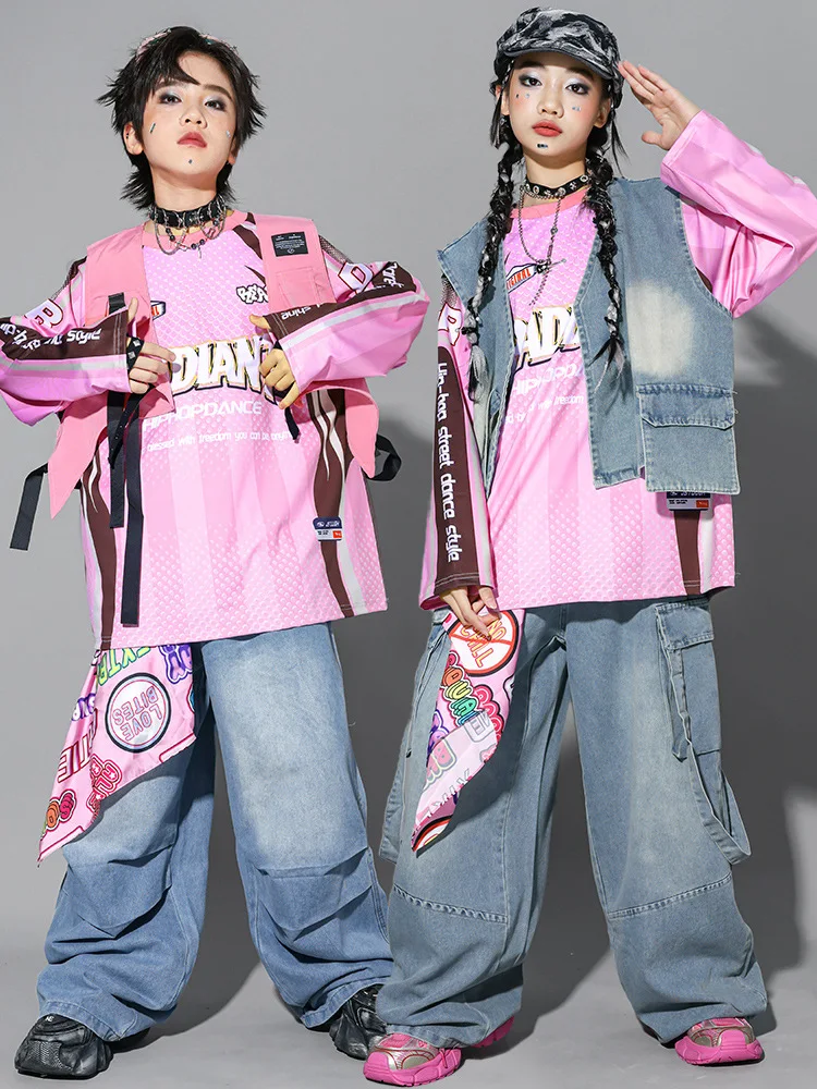Kinder-Streetdance-Auftrittsoutfit Jungen Hip-Hop Denim-Kleidungsset Atmungsaktive Polyesterfaser Rundhals-Print-Design – Detail 4
