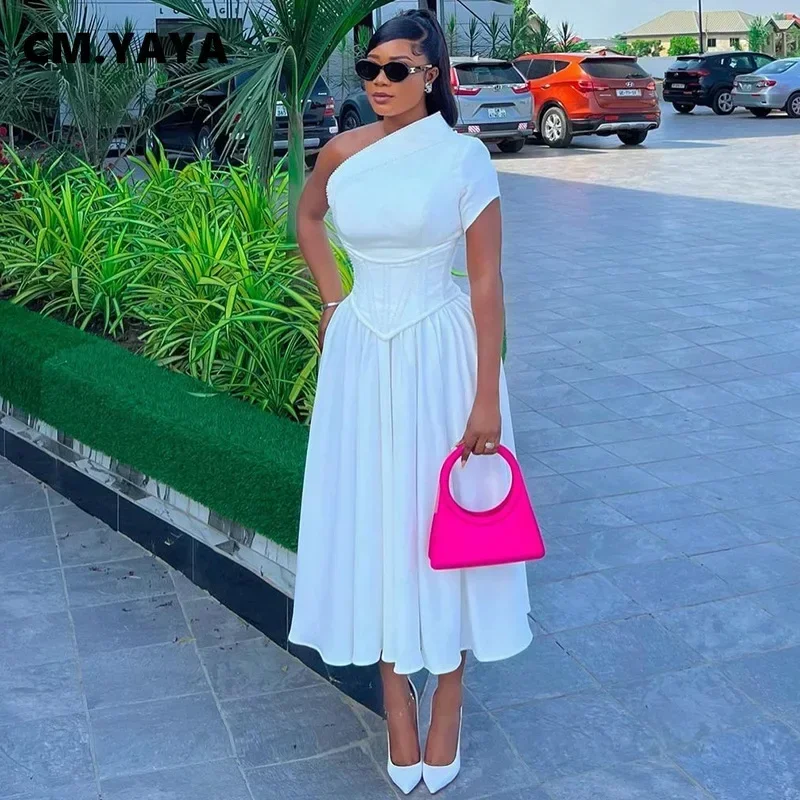 

CM.YAYA Women One Short Sleeve Tunic High Waist Big Swing Birthday Maxi Dress 2024 Chic Evening Sexy Party Dresses Vestidos