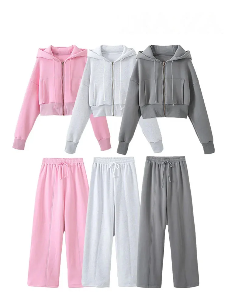 

HH Women Fashion Hoodie Pant Sets Chic Zipper Pocket Long Sleeve Jacket Female High Waist Drawstring Elastic Waist Long Pant