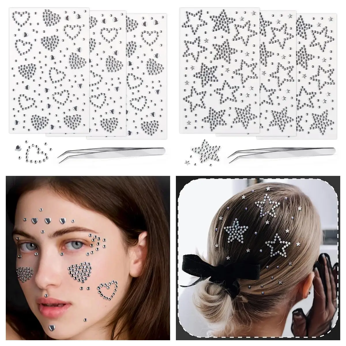 3 Sheets Star Gem Stickers Jewels for Crafts Face Makeup Self Adhesive Stick on Gems Rhinestone Jewel Stickers With Tweezers