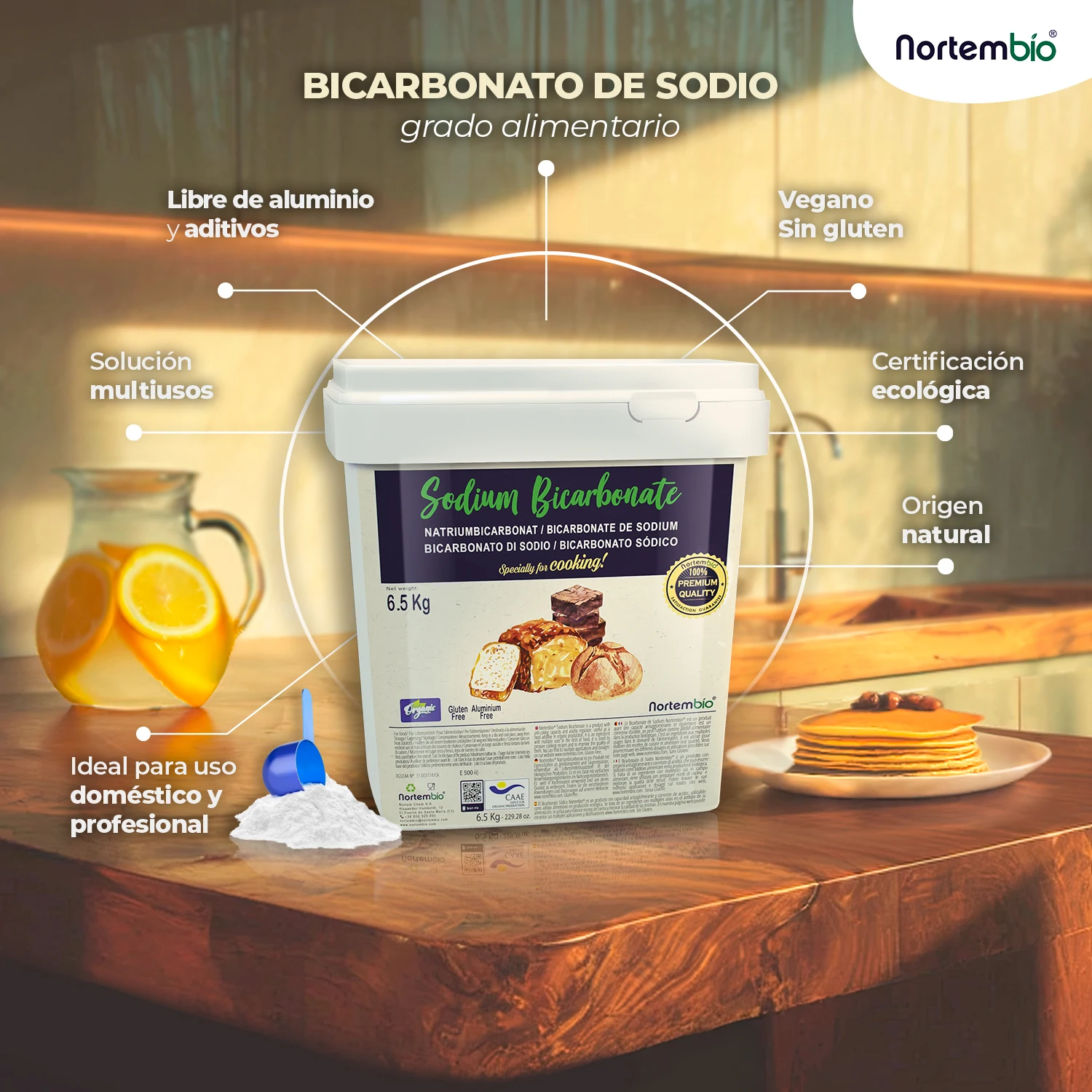 Nortembio 100% natural organic food baking soda 820g |   Cooking and pastry |   Suitable for vegans, celiacs and vegetarians |   E-book included |   Without aluminum