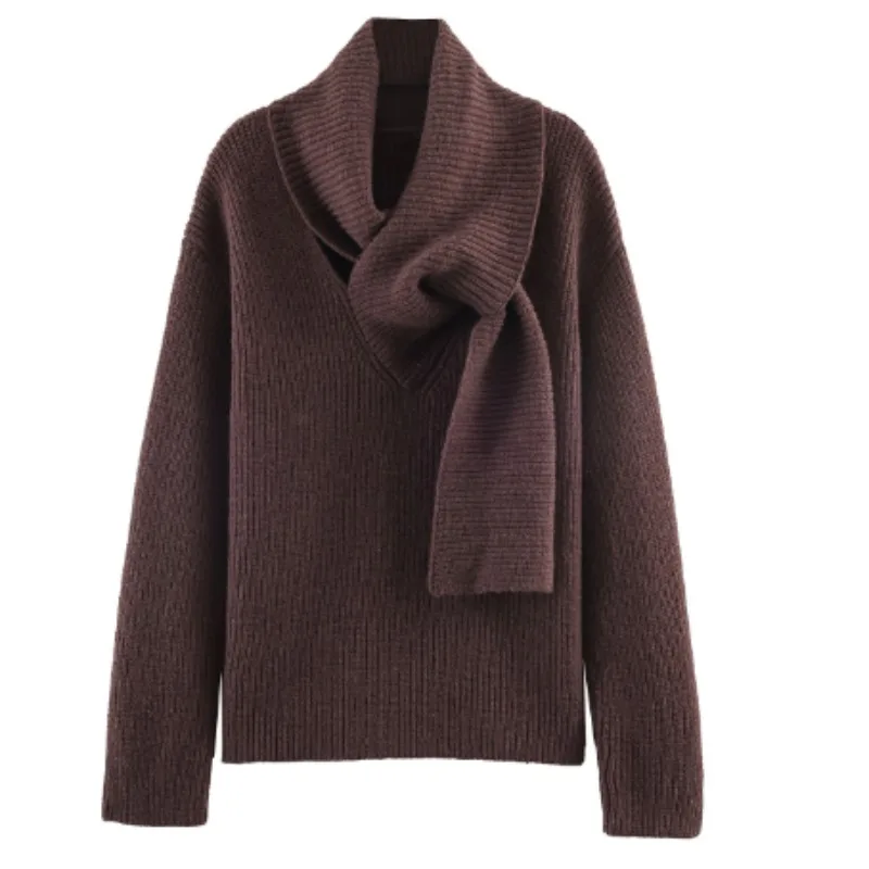 

Женский вязаный свитер с высоким воротником, однотонный повседневный свободный термосвитер с длинными рукавами и воротником-шарфом