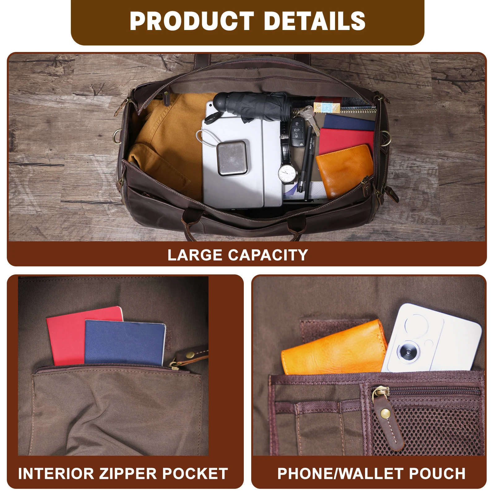 S.WORKER Echtleder-Reisetasche für Herren, große Kapazität, Vintage-Rindsleder-Reisetasche, Weekender-Sporttasche im Retro-Stil – Detail 17
