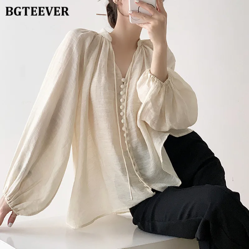 BGTEEVER Casual V-neck Loose Lace-up Women Shirts Tops Spring Autumn Stylish Lantern Sleeve Cotton Linen Women Blouses