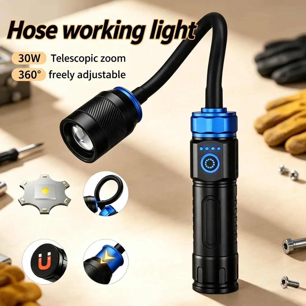 Multi‑Angle Bendable Hose Work Light Type‑C Rechargeable Magnetic Zoomable Long‑Beam Super Bright Flashlight for Maintenance Use