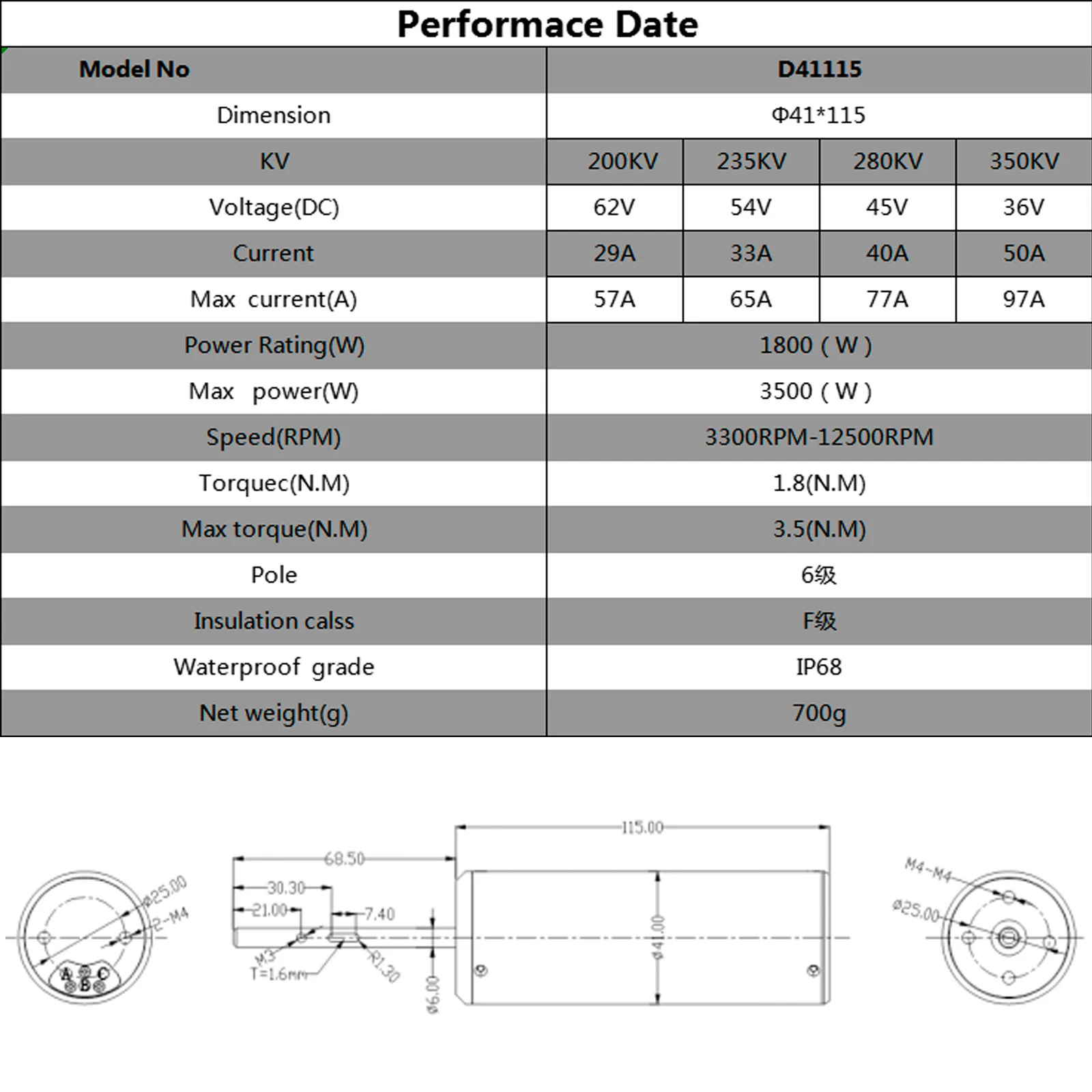 41115 DD, 200/235/280/350KV,36-62V, 1800-3500W, 3300-12500 obr./min, podwodny silnik bezszczotkowy, wodoodporny, dla ROV, bezzałogowy, statek