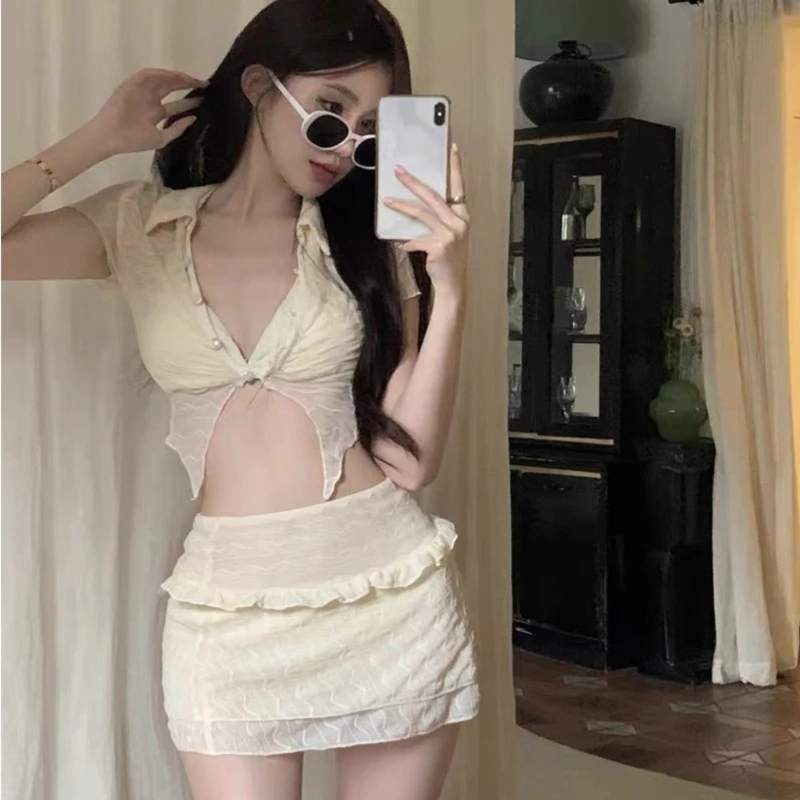 Womens Solid Color Swimsuit Halter Bikinis Set Summer Lace Up Bathing Suit 3 Pieces Swimwear with Short Sleeves Crop Top