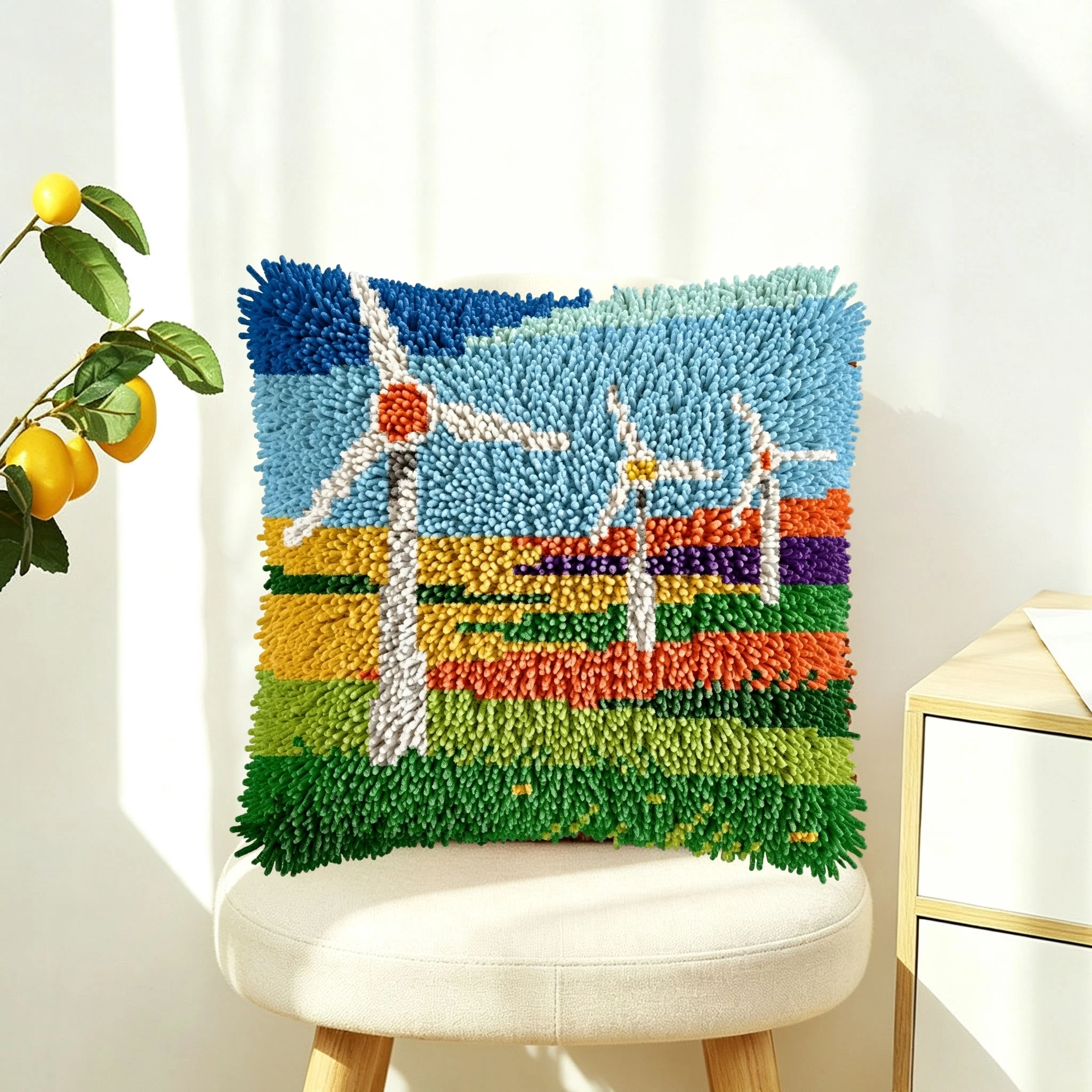 1Set Wind Turbines Knot Pillow Latch Hook Kit Cushion Pillowcase Set For Needlework Latch Hook Kits DIY Beginner-friendly Embroi