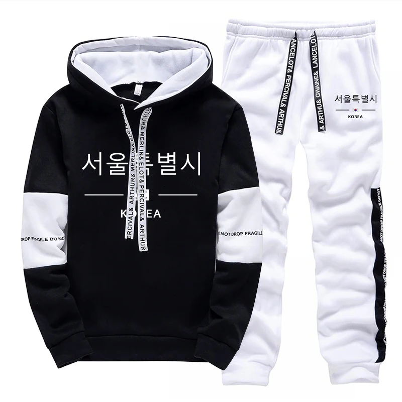 Mens Tracksuit Fashion Printing Casual Hooded Sweatshirts+PantsTwo Piece Set Gym Jogging Clothing Black White Sports Streetwear