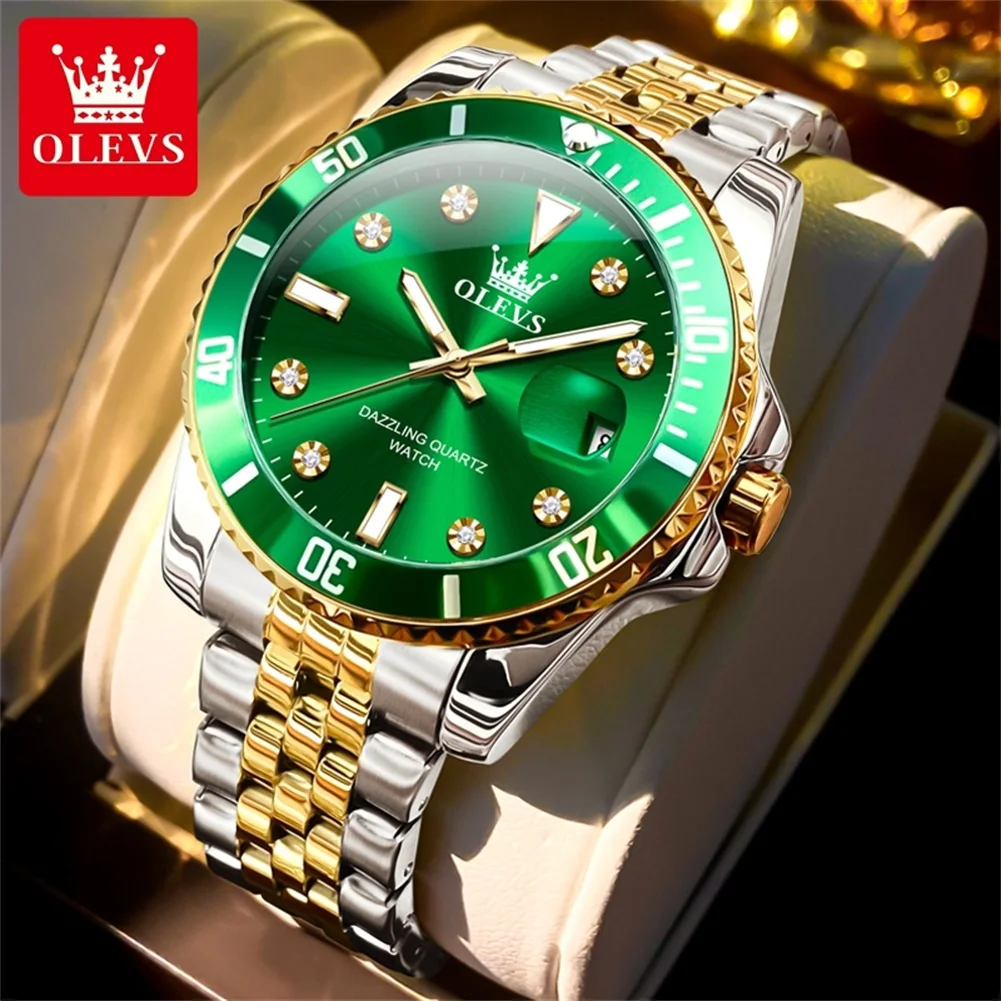 OLEVS New Original Luxury Men Watch Calendar Green Waterproof Quartz Watch for Men Stainless Steel Strap Luminous Diamond Scale