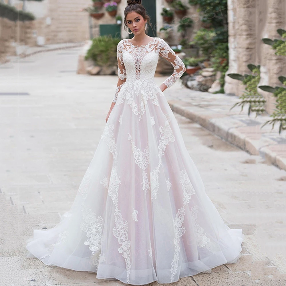 2024 exquisite eine Linie Frauen Brautkleider klassische Spitze Applikationen Brautkleider Langarm Prinzessin Knopf vestido de noivas