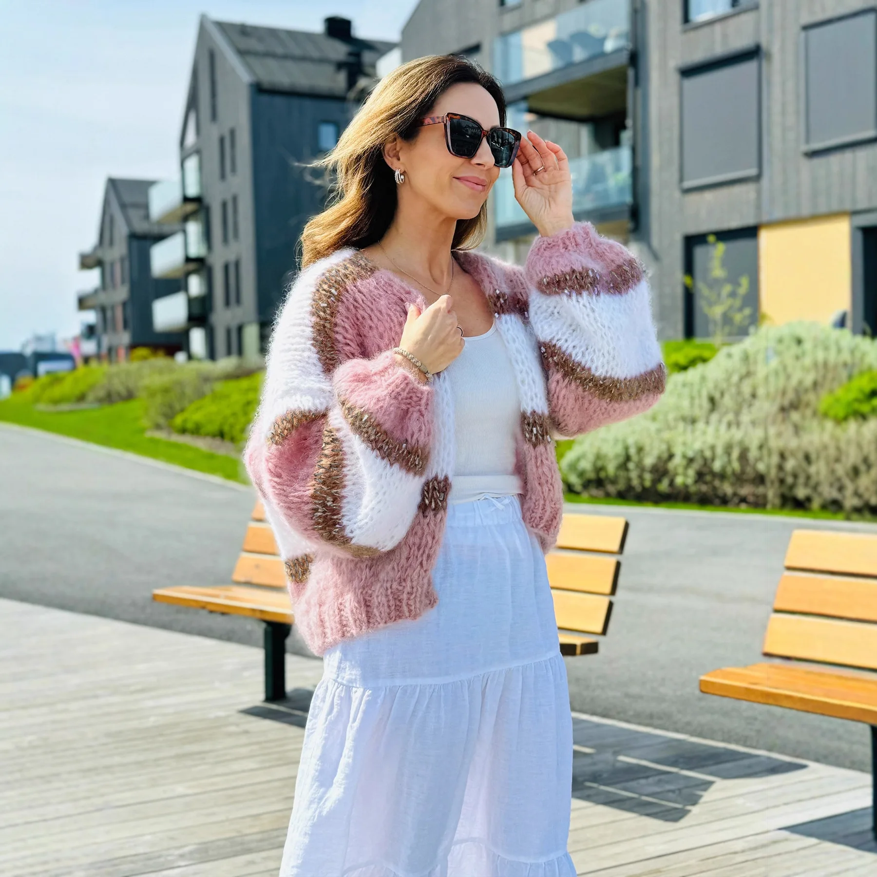 2025 Casual V-neck Ladies Knitted Cardigans Long Sleeve Loose Women Sweater Stripe Autumn Winter Knitwear Jackets