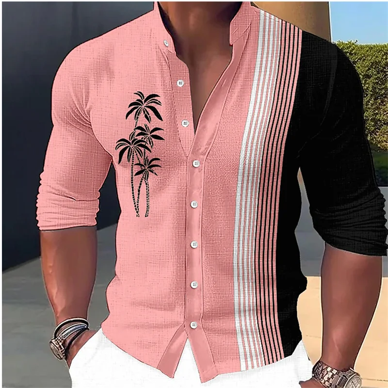 Men's lapel long sleeve 3D coconut tree print fashion loose shirt retro street long sleeve lapel cardigan shirt