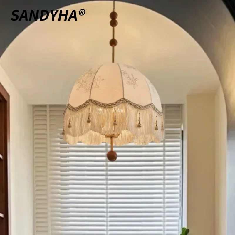 SANDYHA Nordic Retro Chandelier Fabric Tassel Pendant Light LED Hanging Lamp For Bedroom Living Room Dining Table And Home Decor
