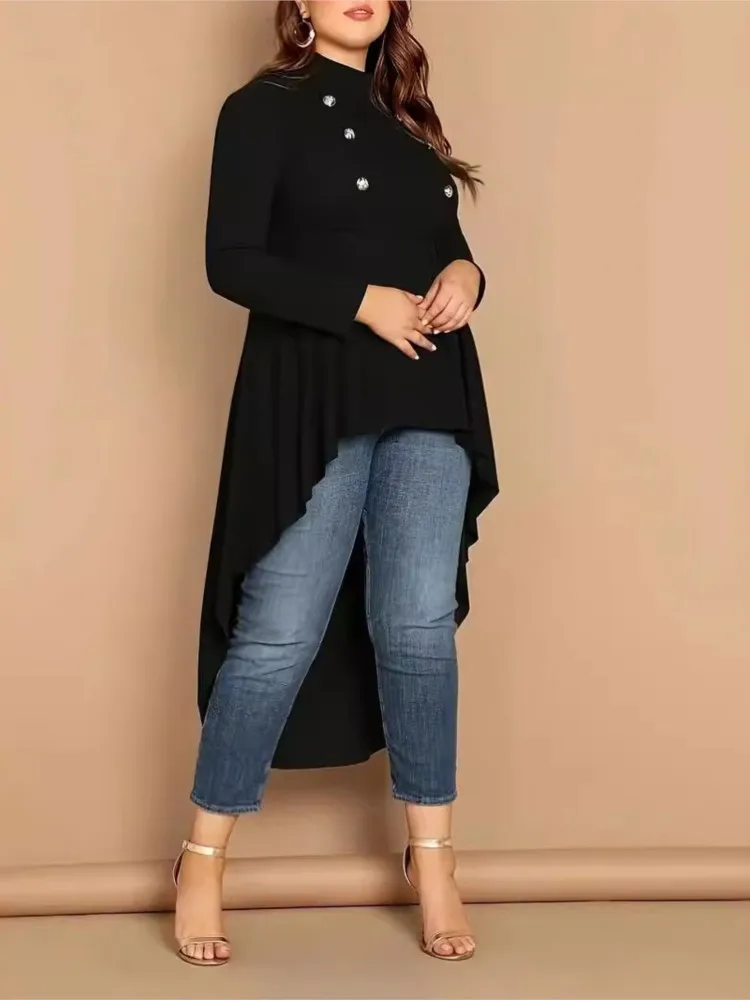 Plus Size Autumn Irregular Fishtail Long Tops Women Ruffle Pleated Office Long Sleeve Ladies Blouses Slim Waist Modis Woman Tops