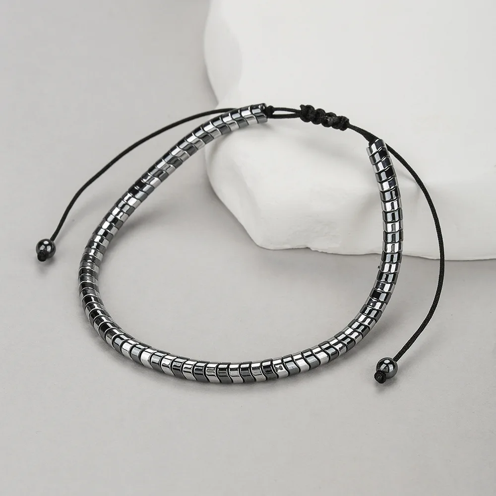 Geometric Creative Black Plated Hematite Handmade Braided Bracelet Adjustable Magnetic Stone Bead Bracelet for Men Anti-Fading
