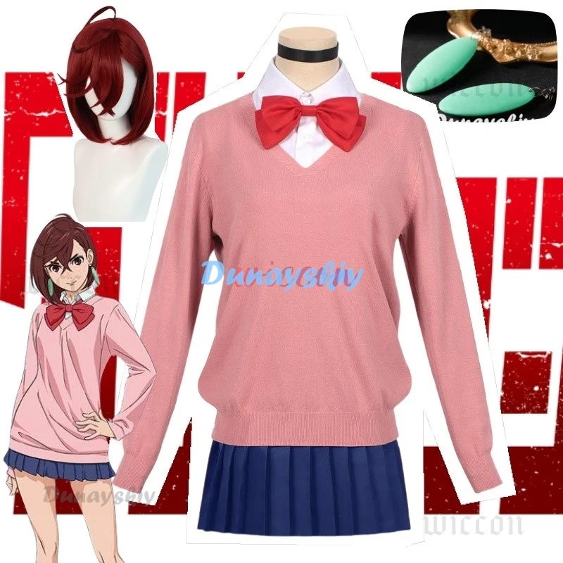 Momo Ayase Cosplay Costume Wig Anime Dandadan School JK Uniform Earrings Pink Sweater Skirt Halloween Party Women