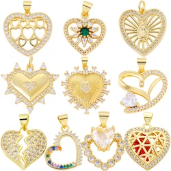 Juya 18K Real Gold Plated Handmade Brass Material Micro Pave Zircon Love Heart Charms For DIY Bridal Pendant Jewelry Making