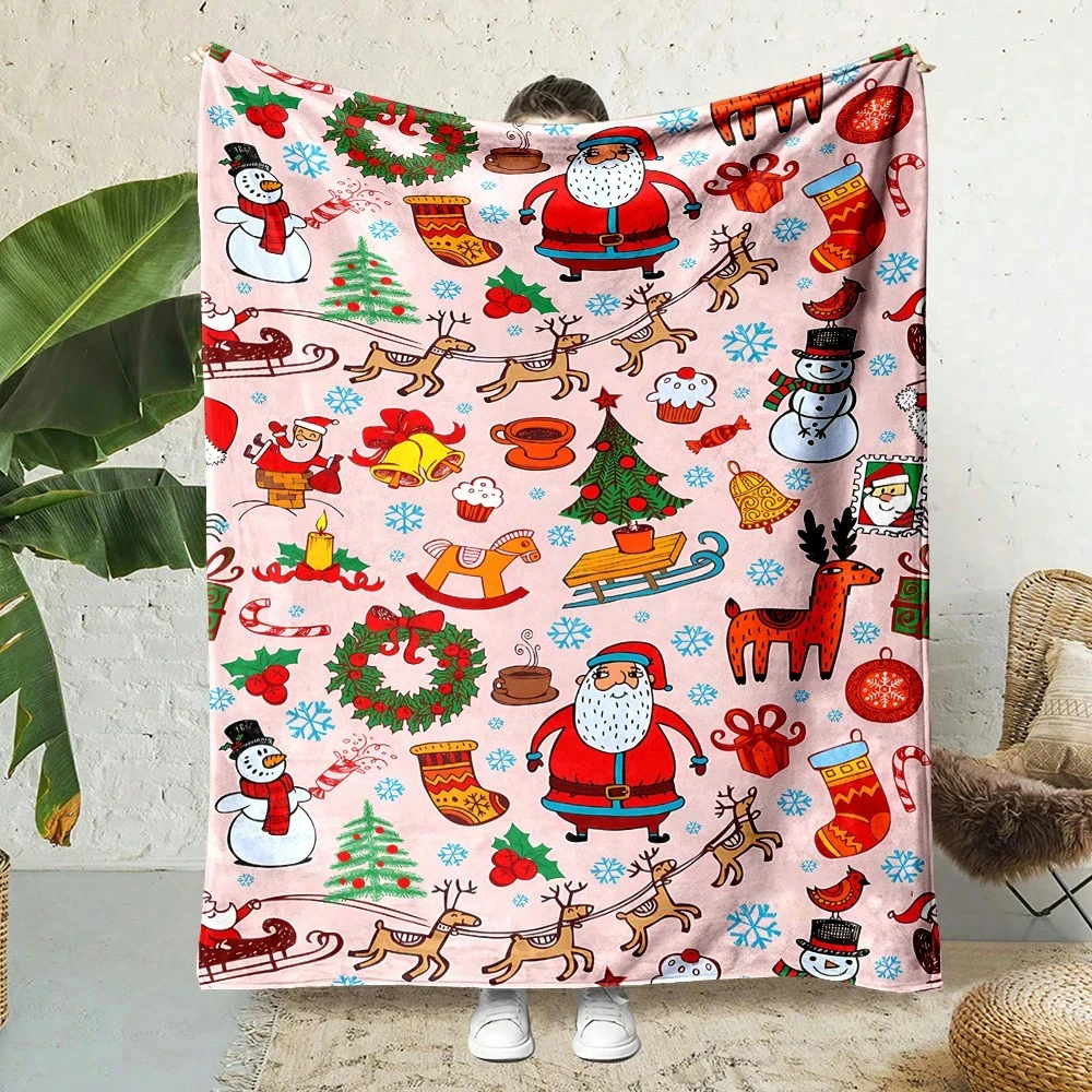 

Christmas cartoon theme beautiful Christmas tree dog Santa Claus animal snowman deer candy design soft flannel printed blanket