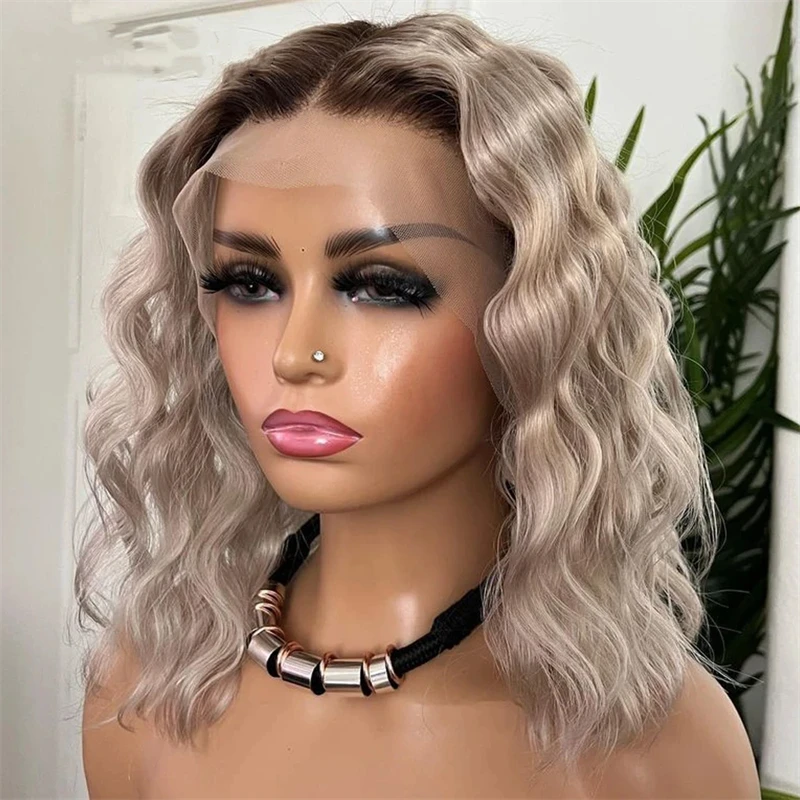 

Hd Ash Grey Colored Blonde Ombre Short Bob Natural Wave 13x4 Lace Front Human Hair Wigs Dark Roots Side Parting Baby Hair 180%