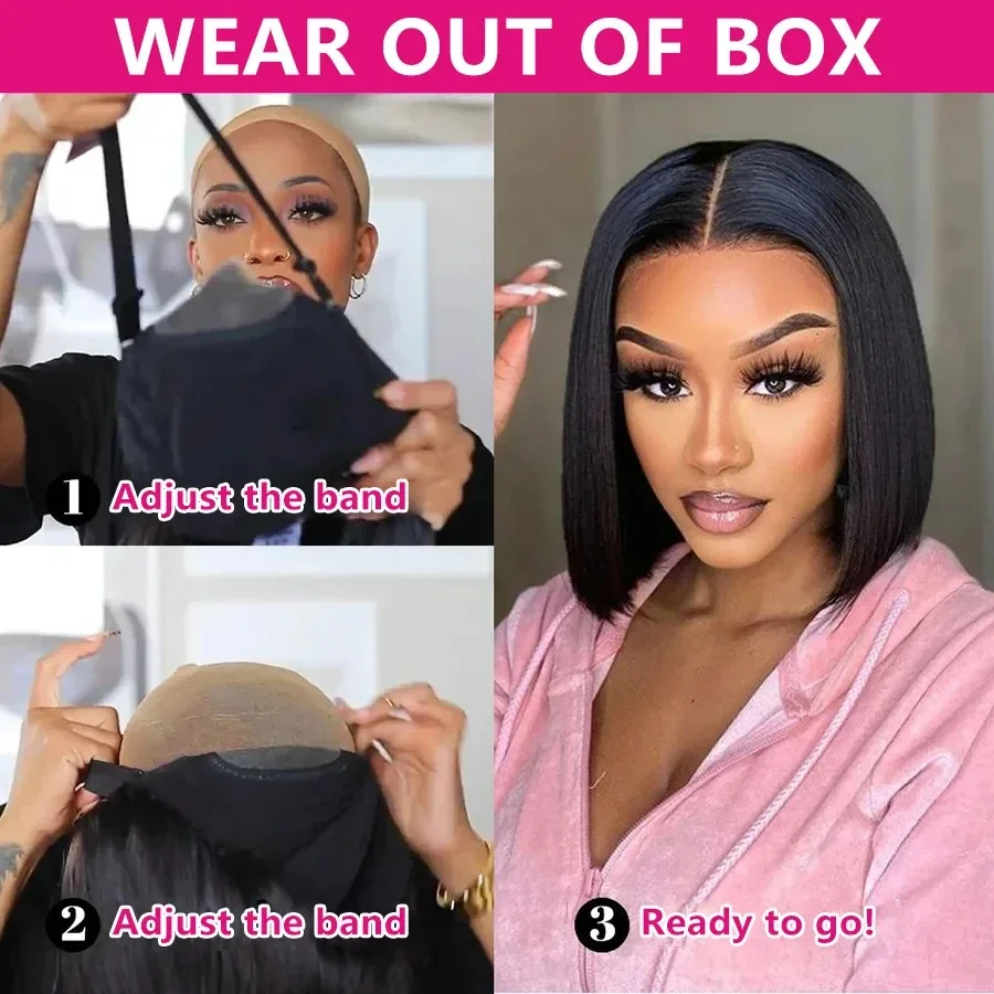 Short Straight Bob Human Hair Wigs, Full Machine Made, Pre-Cut 4x4 Lace, Elastic Drawstring, Upgraded Breathable Wigs