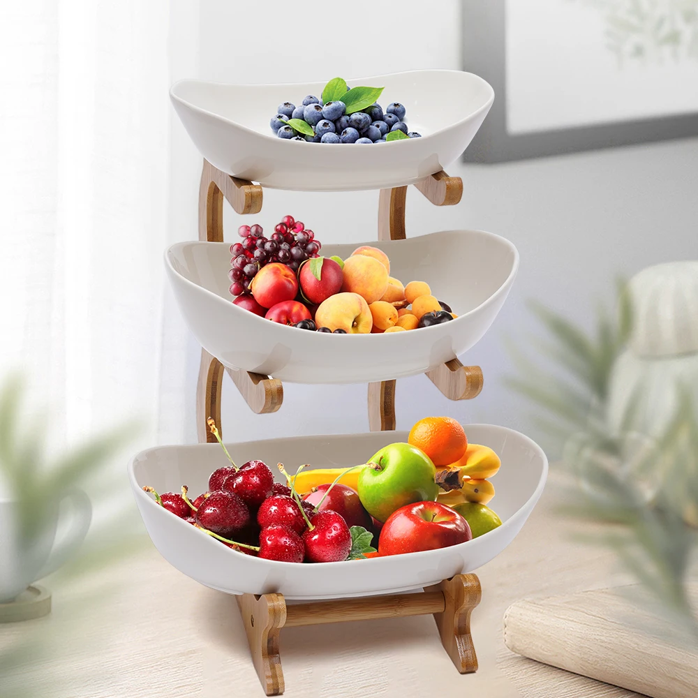 

3 Layer White Ceramic Bowl Holder Fruit Plate Vegetable Storage Frame Sushi Basket Kitchen Organizer Household Use