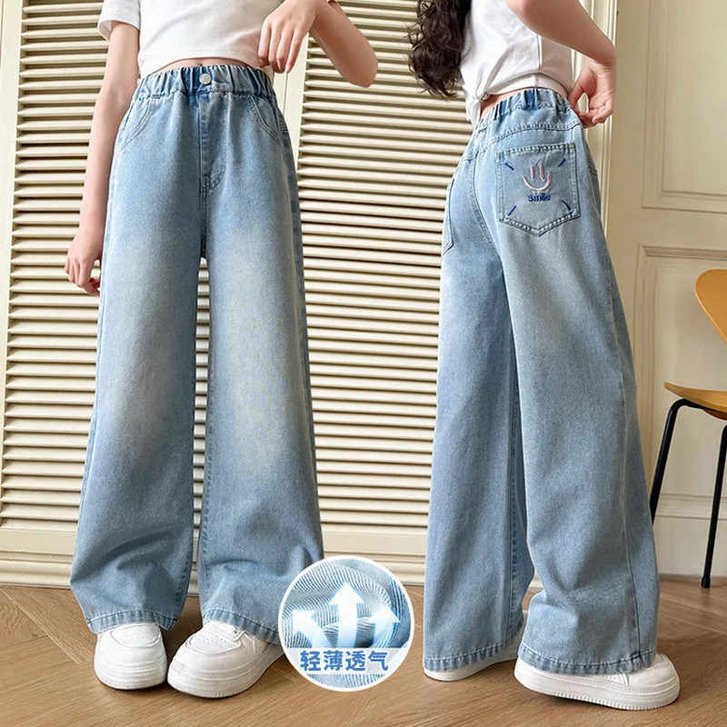 Jeans Teenage Girls Denim Trousers Kids Fashion Clothing Girls Summer Thin Denim Pants 2025 New Children Straight Leg Wide Leg