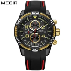 MEGIR 2045 Men's Quartz Watch Multifunctional Chronograph Calendar Sports Racing Series Waterproof Silicone Strap Wristwatch