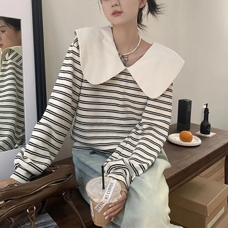 Preppy Style Doll Collar Bow Pullovers Spring Autumn Striped Long Sleeve Female Clothing Spliced Casual Loose Basic Sweatshirts