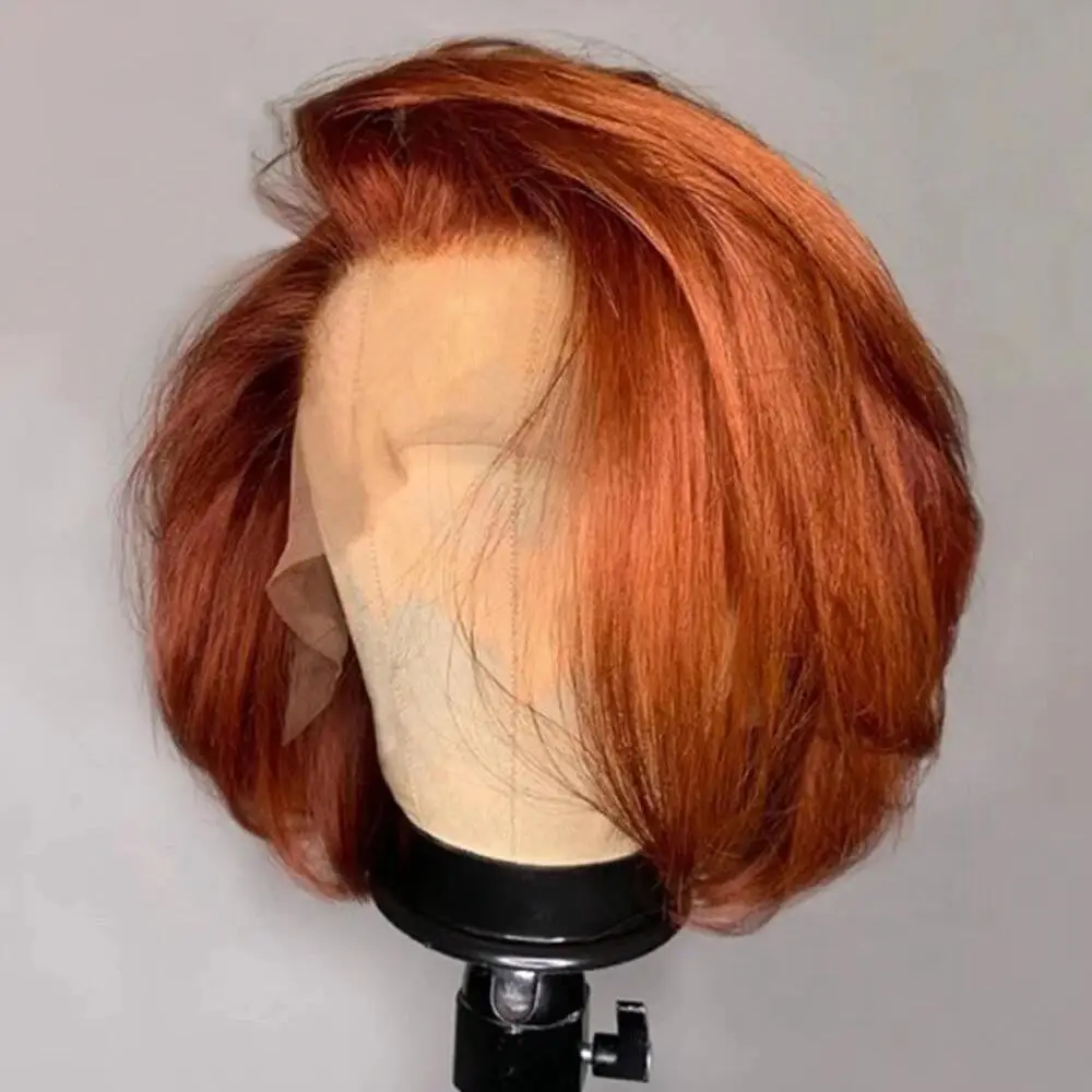 Peluca con malla frontal recta sedosa naranja Bob corto de densidad 180 para mujeres negras BabyHair sin pegamento línea de cabello Natural prearrancada