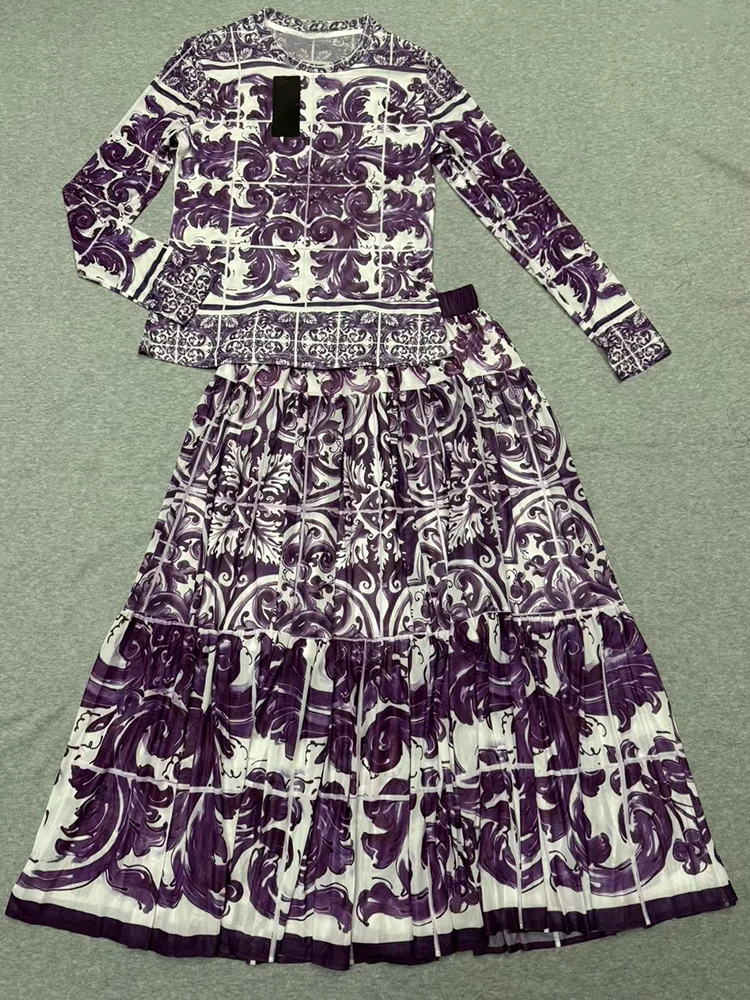 Retro blauw-wit porselein bedrukte elastische mesh top met lange mouwen dames nieuwe elastische taille grote rok mode tweedelig pak