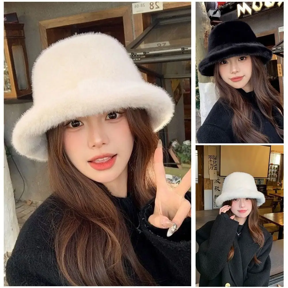 

Fashion Fluffy Fur Fisherman Hat Ear Protection Plush Female Panama Cap Windproof Winter Warm Solid Bucket Hat