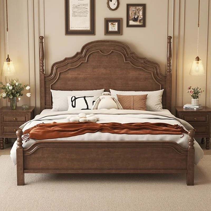 French Retro Design Bed Large Sleeping Master Wooden Frames Bed American Bedding Camas Moderrnas Inteligentes Bedroom Furniture