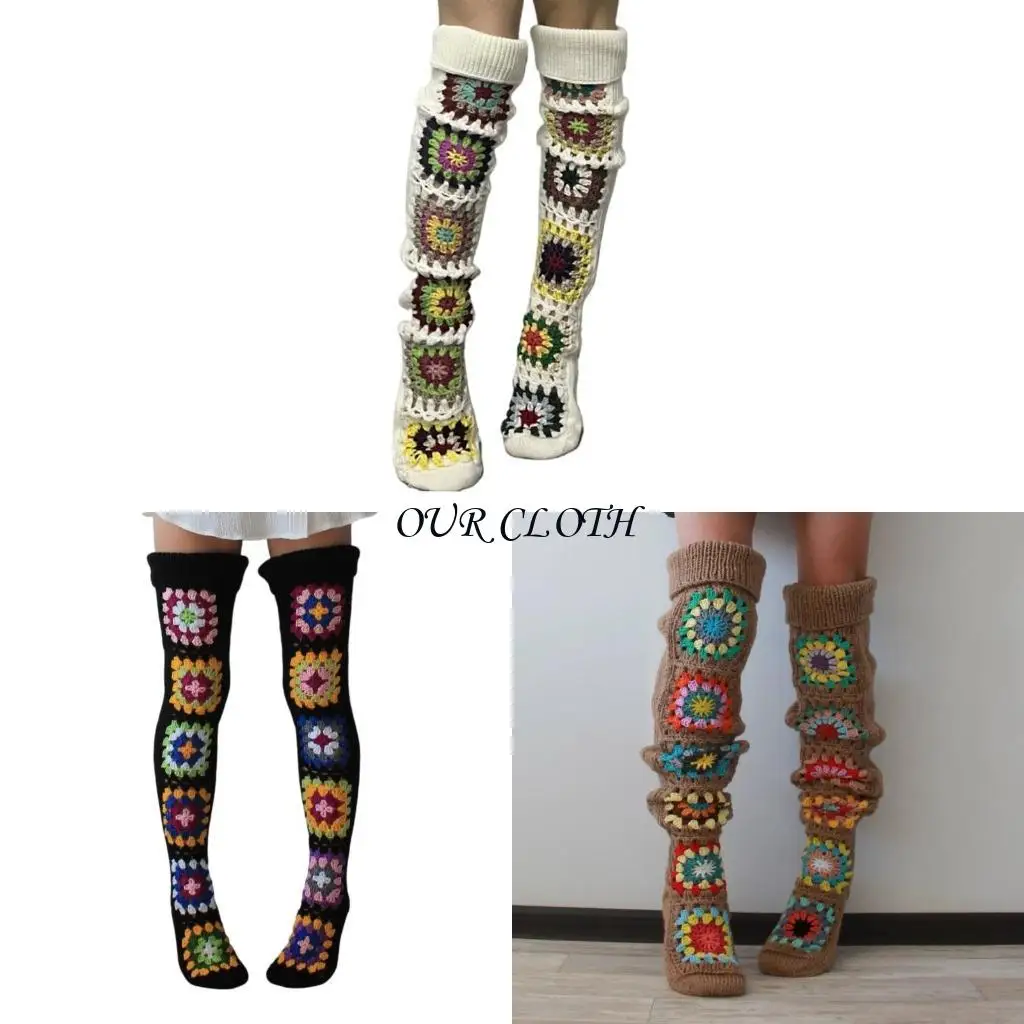 

Этнический вязаный вязаный вязаный разноцветный на коленных носках для женщин Зимний падение термовые бедра высокие чулки ноги