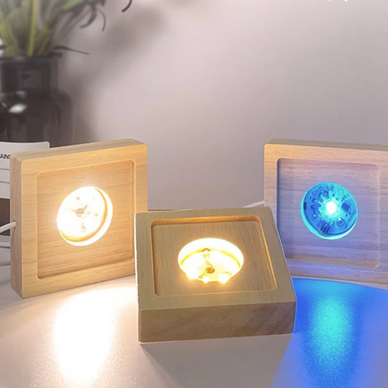 Square Wooden Base Led Lamp Display Stand Holder USB Powered for Crystal Glass Resin Objects