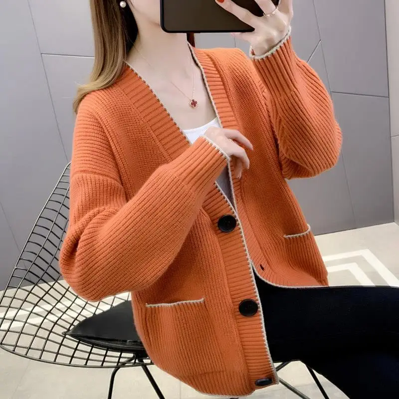 Women Trendy Vintage Simple Casual Single Breasted Knitted Cardigan Female Korean Y2K V Neck Long Sleeve Loose Chic Sweater Coat