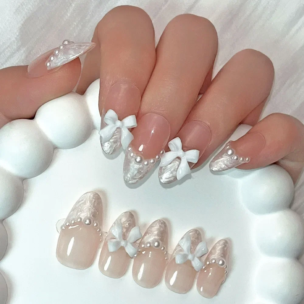 

10pcs Sweet Style Handmade Press on Nails Nude Color With White Bow and Pearls Full Cover French Wearable Artificial False Nail