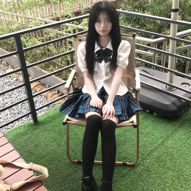 Plus Size Sweet Girl JK Uniform College Style Short Sleeve Waist-Fitted Shirt Bow Pleated Skirt Sissy Cross-dressing COS Uniform