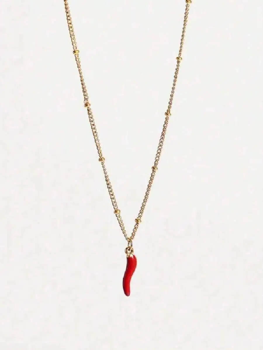 Stainless Steel Beaded Chain Necklace With Red Chili Pepper Pendant For Women