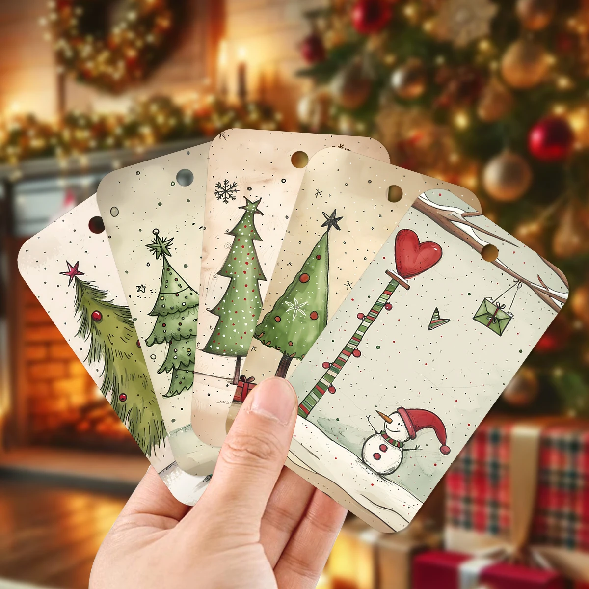 50pcs Vintage Christmas Hanging Gift Tags With Rope-Hand-Drawn Design,Labels For Gift Wrapping,Decor,Craft,Home Party Decoration