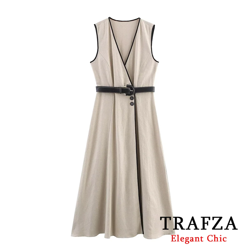 

TRAFZA Women Elegant Beige Dress Belt V-Neck Sleeveless Long Dress 2025 New Fashion Spring Summer Holiday Commuter Mujer Dress