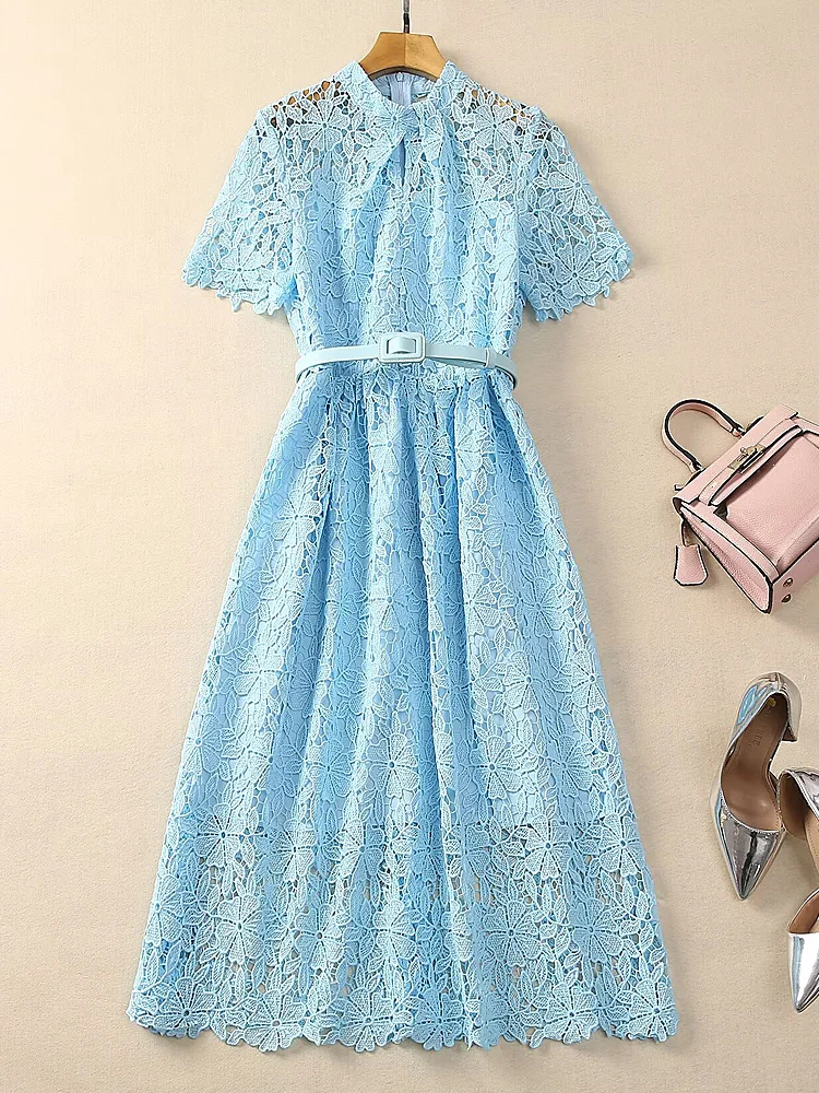 Luxury Runway New Ladies Sweet Summer High Quality Fashion Party Lace Hollow Out Baby Blue Belt Chic Pretty Girls Midi Dress