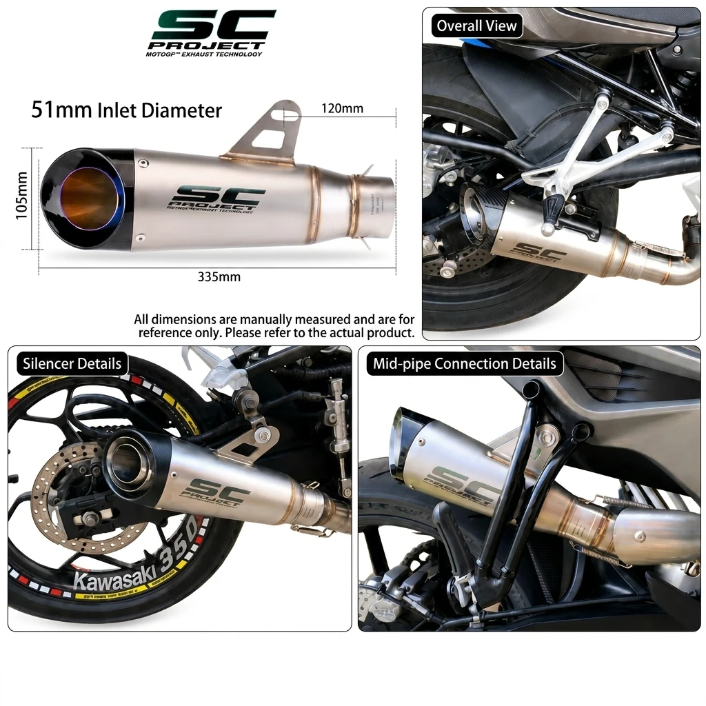 Tubo di scarico universale da 51 mm, con suono potente, doppio strato, in acciaio inossidabile, per BMW R1300, Multistrada V4, Kawasaki Z900, Yamaha MT-07.