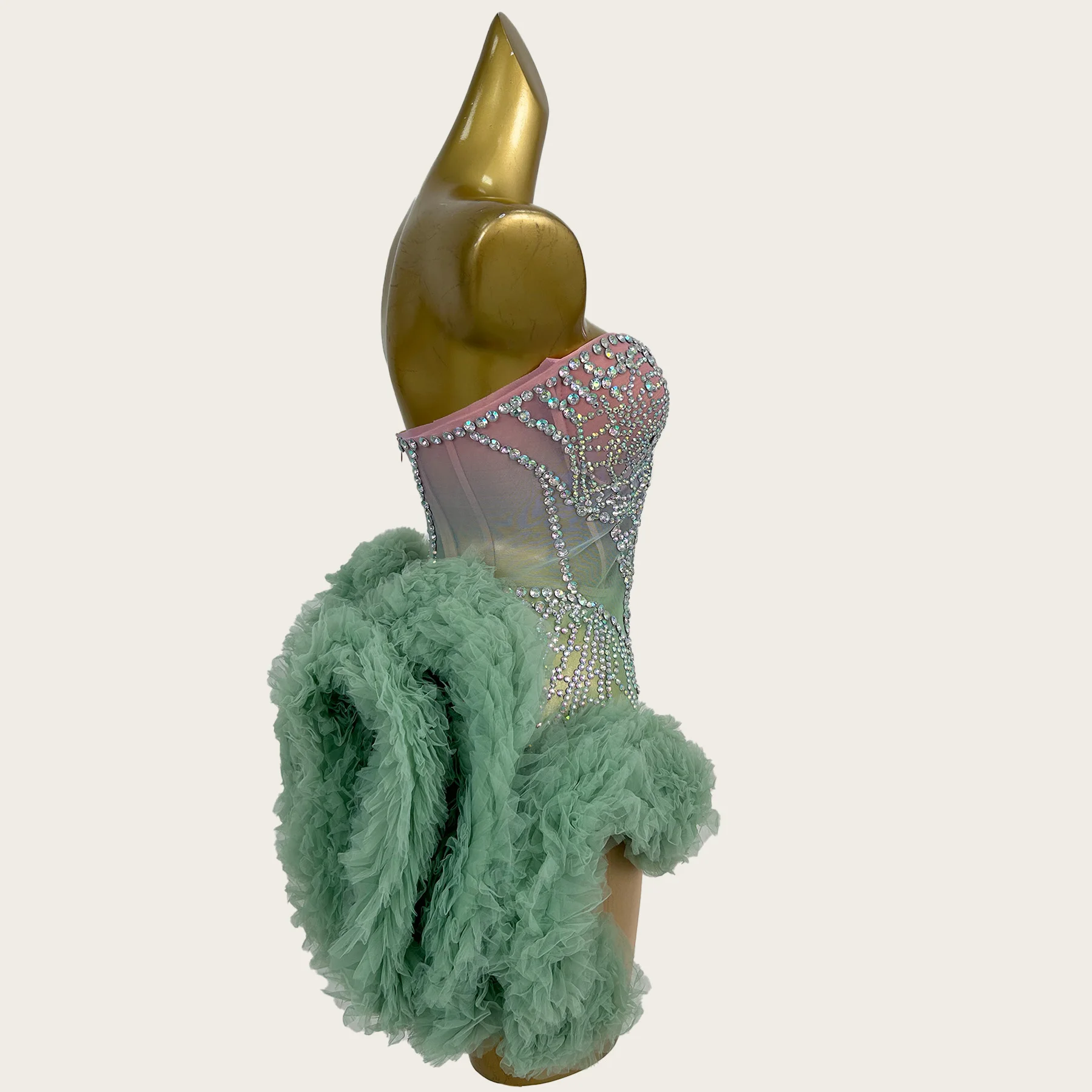 

Sexy Women Strapless Backless Green Sparkly Rhinestone Mesh Dress Birthday Party Costume Bar Club Singer Stage Show Outfit Jiemo