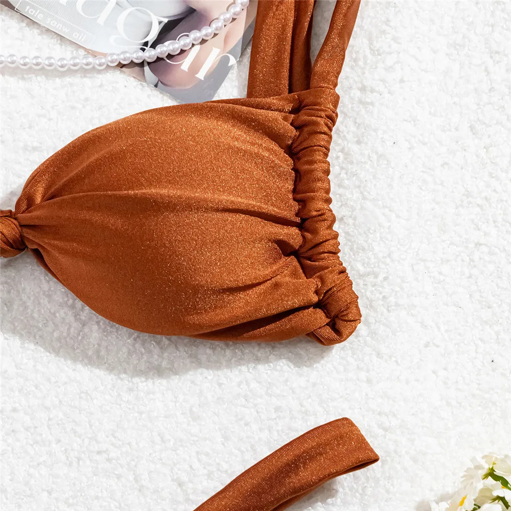 البني معقود مثير ملابس سباحة نسائية صغيرة ثونغ مجموعة ملابس السباحة النساء 2026 الساطع السيدات ملابس السباحة البسيطة ثوب السباحة البيكينيات دي Mujer Biquini #6