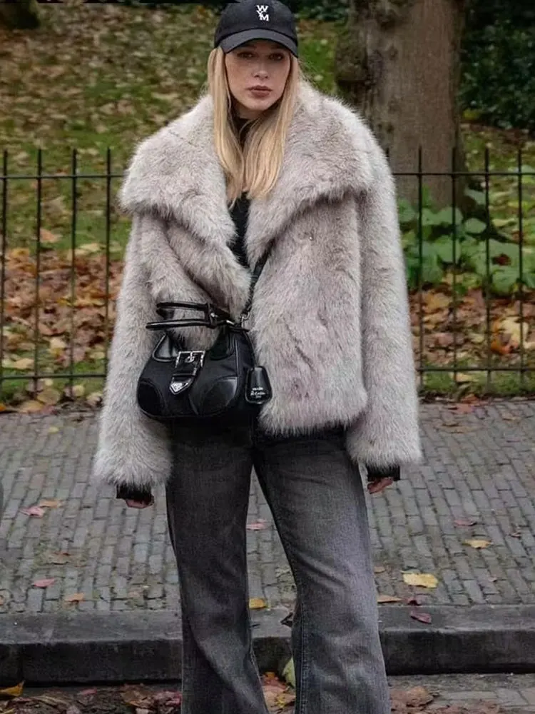 HH Autumn Winter Women Elegant Faux Fur Loose Casual Warm Long Sleeve Jacket Vintage Solid Fashion High Street Lady Outwear